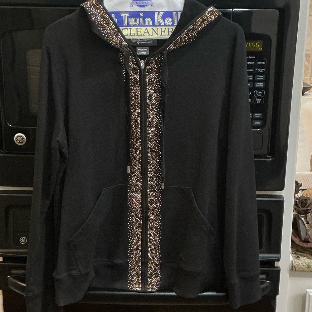 Christine Alexander Black Hoodie with Rhinestone Details XL